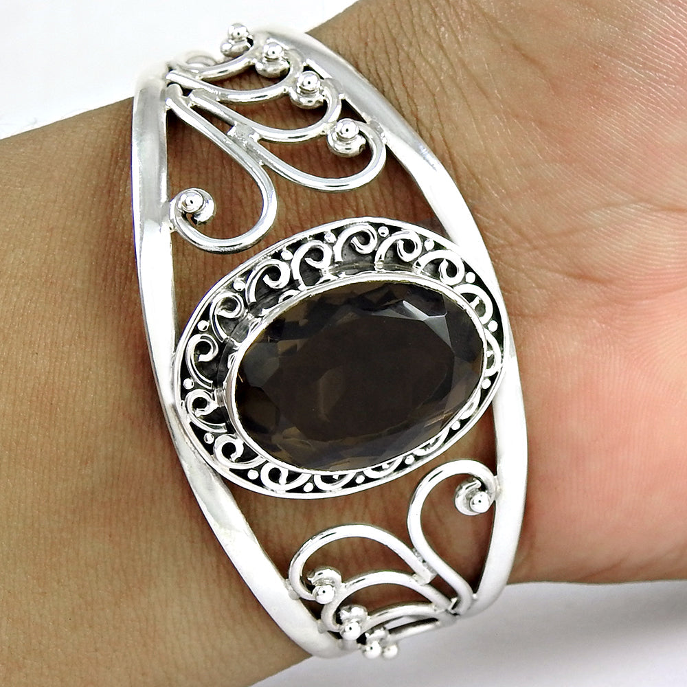 925 Sterling Silver Natural Smoky Quartz Gemstone Cuff Bangle