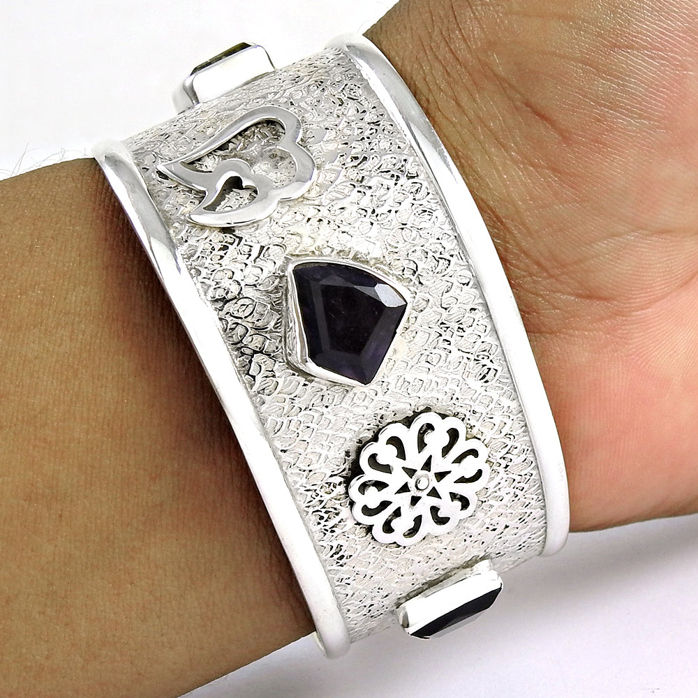 925 Sterling Silver Natural Amethyst Citrine Lemon Topaz Statement Cuff Bangle