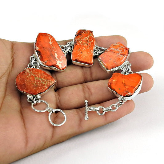 Natural Red Copper Turquoise 925 Silver Chain Ethnic Bracelet For Women R2