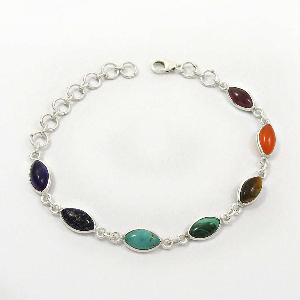 Healing Chakra Bracelet Natural Multi Gemstone 925 Silver Statement Jewelry