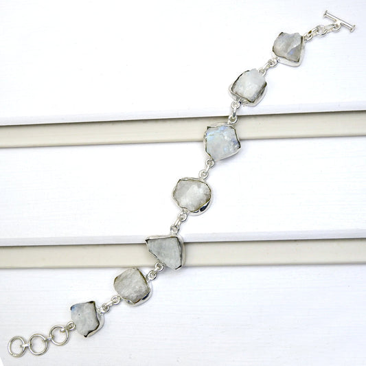 Natural Rainbow Moonstone 925 Solid Silver Rough Stone Bracelet