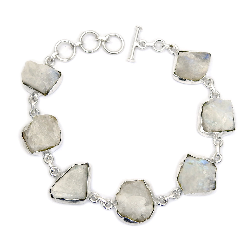 Natural Rainbow Moonstone 925 Solid Silver Rough Stone Bracelet