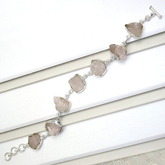 Natural Rose Quartz 925 Solid Silver Rough Stone Bracelet