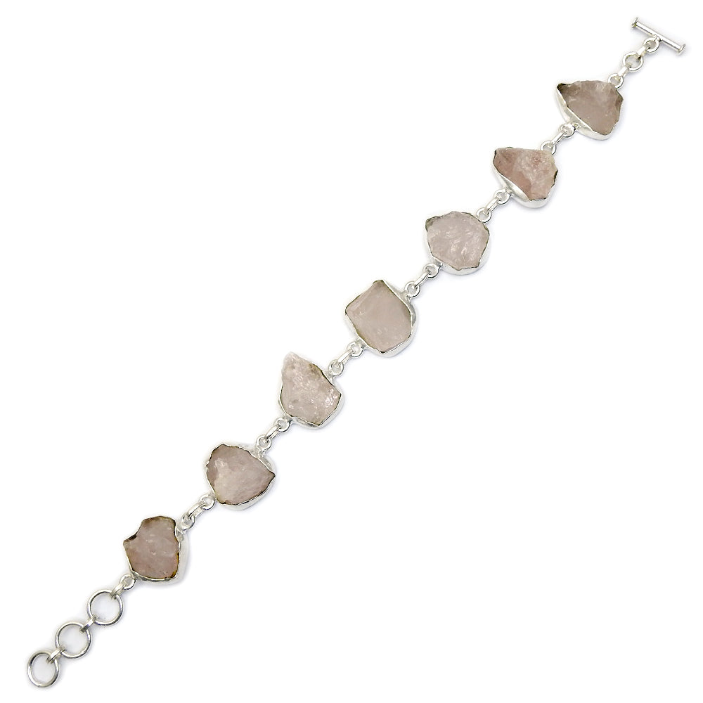 Natural Rose Quartz 925 Solid Silver Rough Stone Bracelet