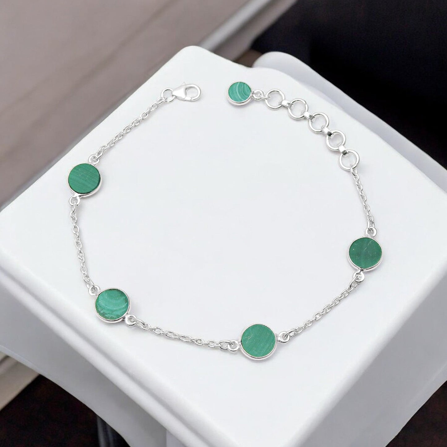 Round Malachite Gemstone Solid Sterling Silver Engagement Bezel Chain Bracelet