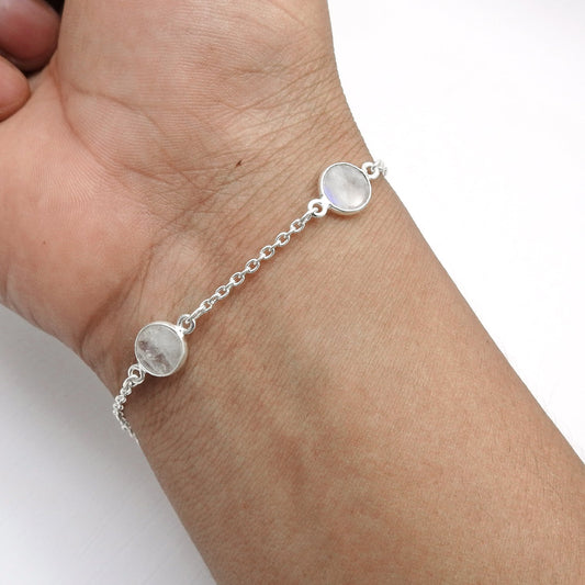 Solid 925 Silver Rainbow Moonstone Bezel Bracelet Party Wear Jewelry