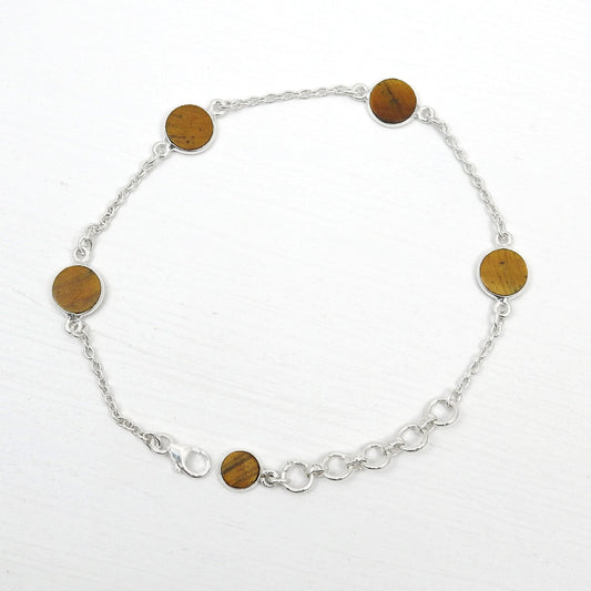 Round Natural Tiger's Eye 925 Solid Silver Sister Boho Chain Wedding Bracelet