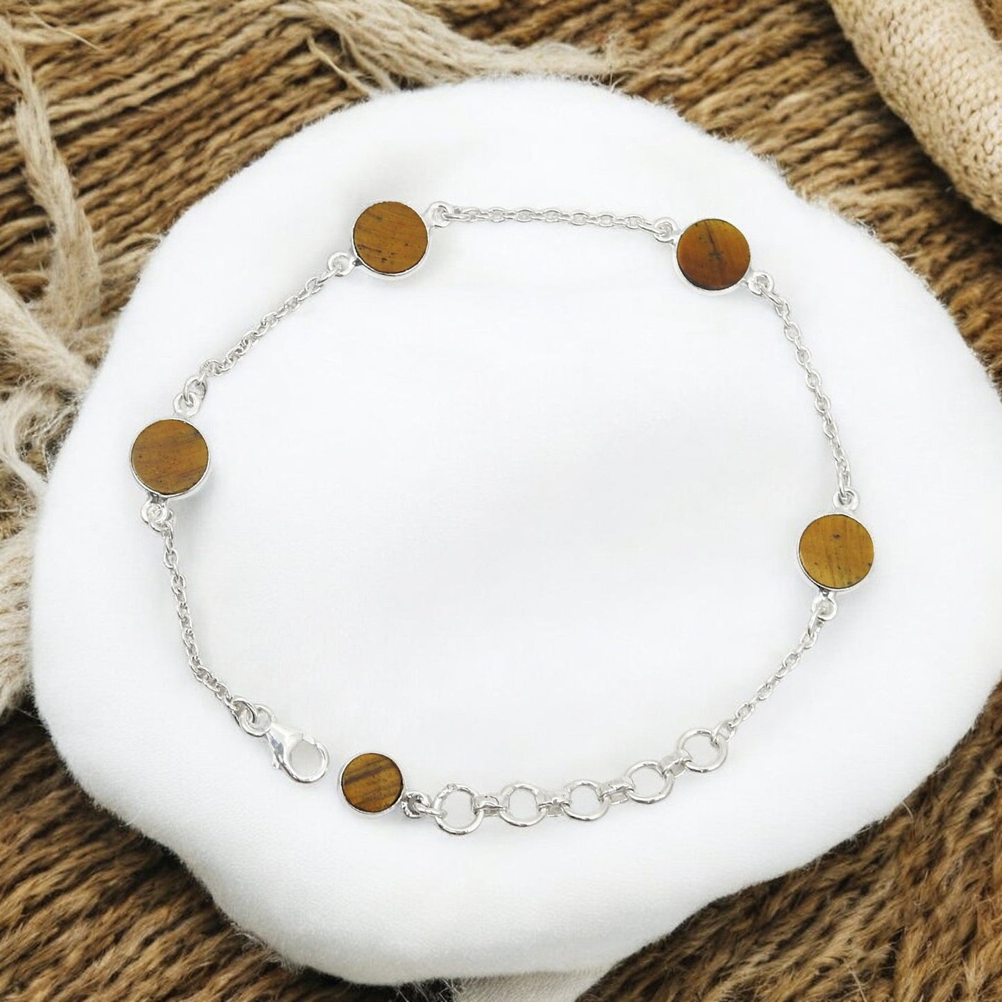Round Natural Tiger's Eye 925 Solid Silver Sister Boho Chain Wedding Bracelet