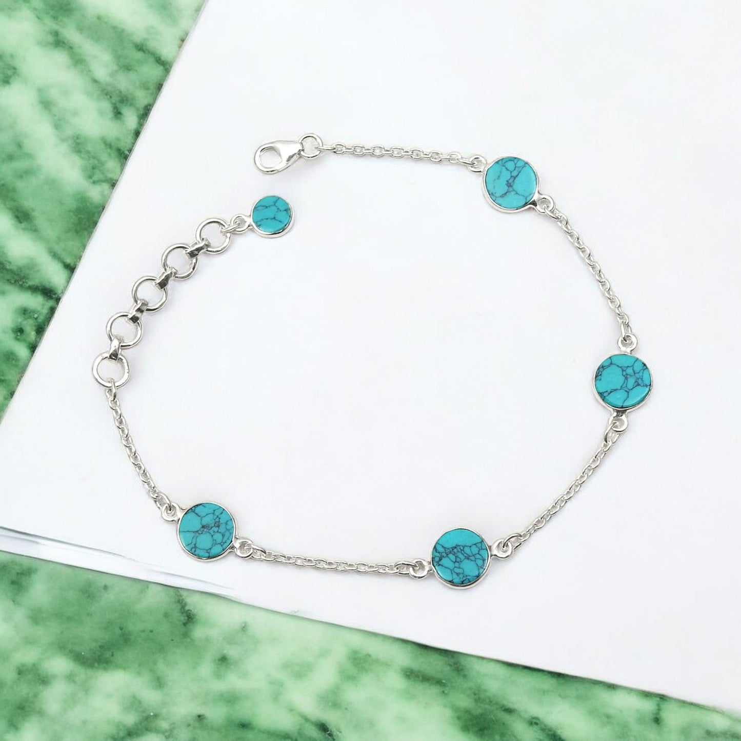 Round Turquoise Stone 925 Silver December Birth Mother Chain Bracelet Jewelry