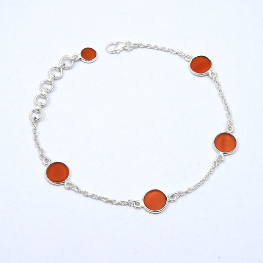 Round Carnelian Gemstone Solid Silver Daughter Bezel Boho Chain Wedding Bracelet