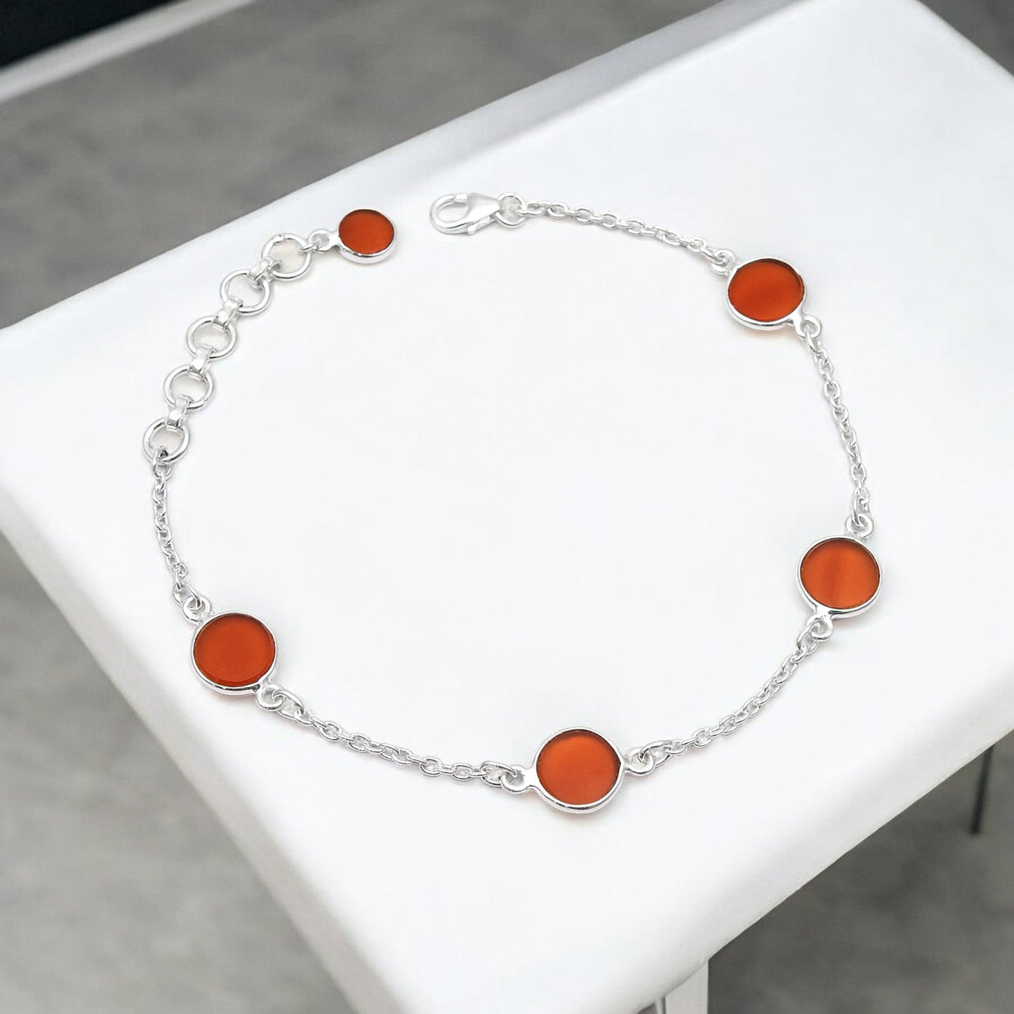 Round Carnelian Gemstone Solid Silver Daughter Bezel Boho Chain Wedding Bracelet