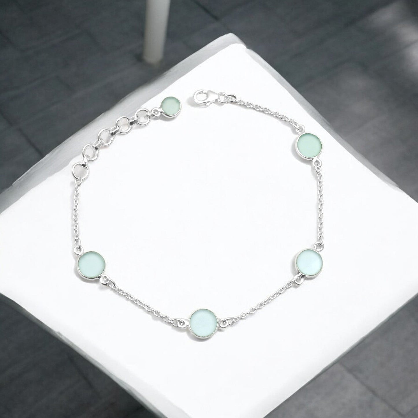 Daughters Day Deal Natural Aquamarine 925 Solid Silver Birthday Chain Bracelet