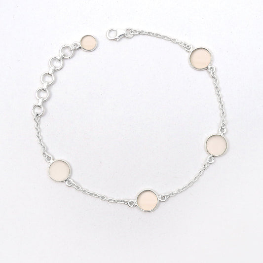 Round Rose Quartz Gemstone Solid Silver Bezel Chain Birthday Trendy New Bracelet
