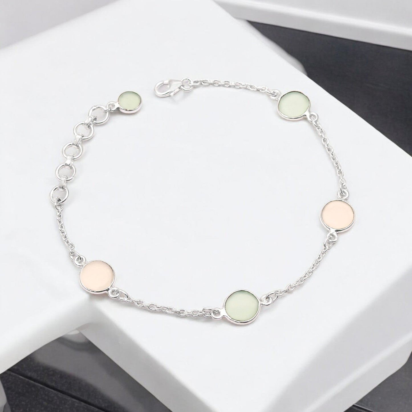 Rose Quartz 925 Silver Bezel Chain March Birth Daughter Trendy Bracelet Jewelry
