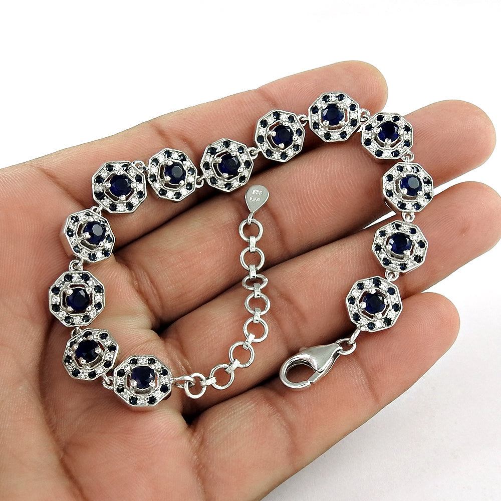 Birthday Gift 925 Silver Natural Iolite Gemstone Chain Tribal Bracelet A3