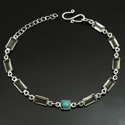 925 Solid Silver Square Green Amethyst Chain Vintage Bezel Friend Gift Bracelet