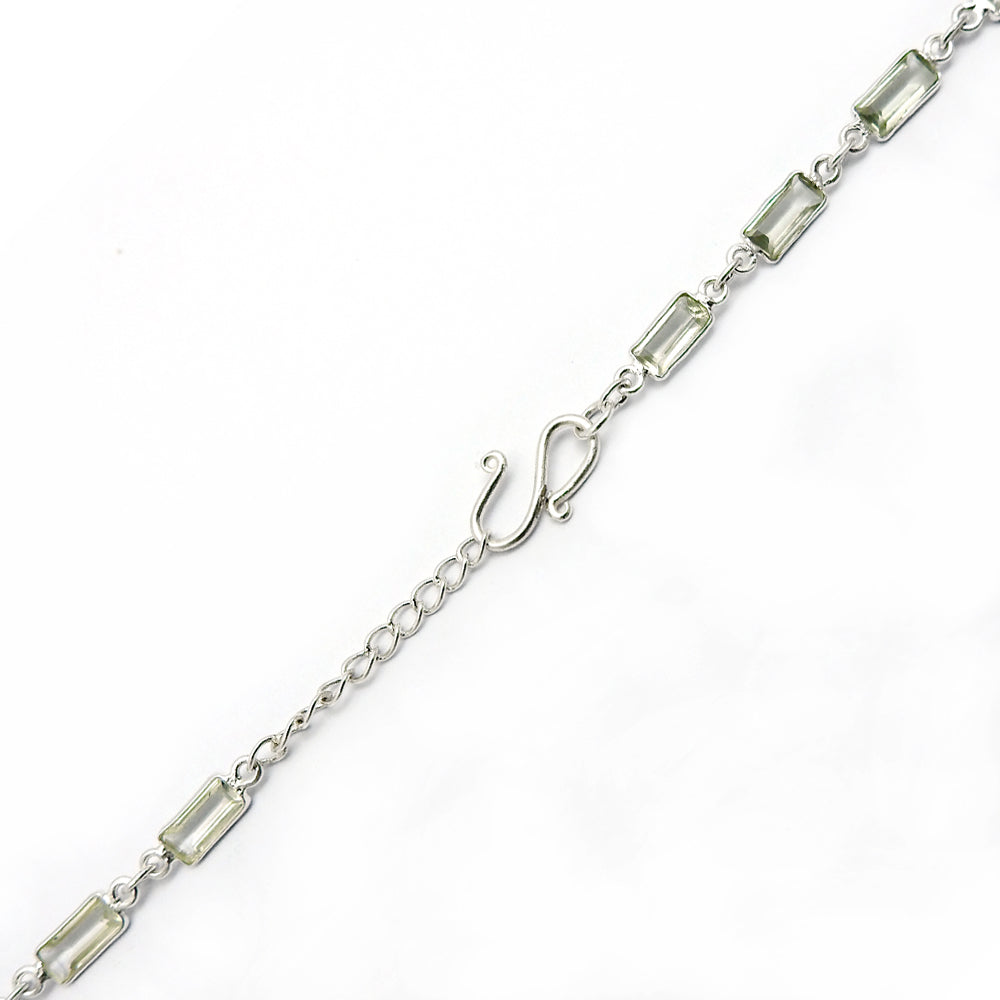 925 Solid Silver Square Green Amethyst Chain Vintage Bezel Friend Gift Bracelet