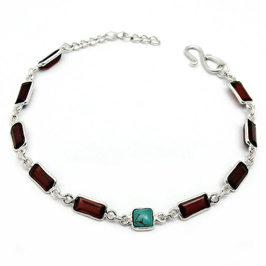 925 Sterling Silver Turquoise Chain Bezel Tribal December Birth Mother Bracelet