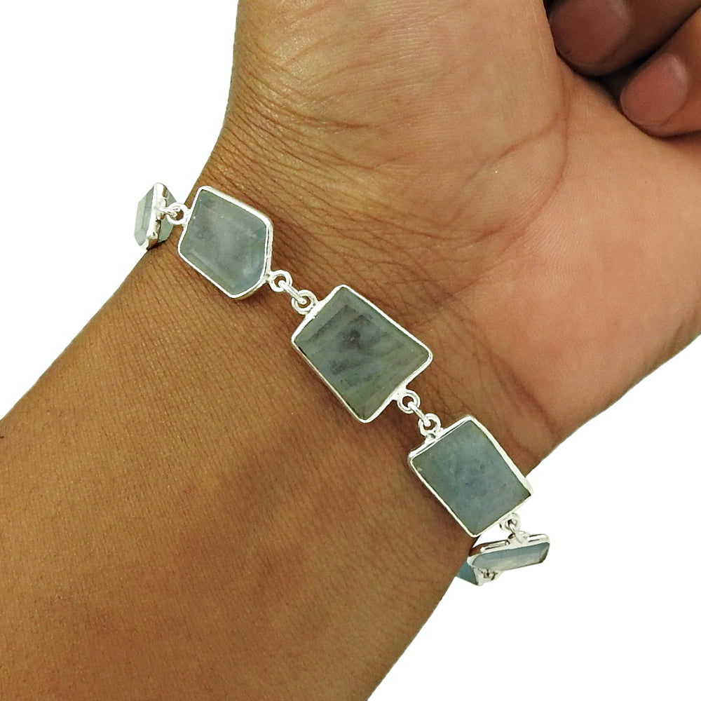 Birthday Gift 925 Silver Natural Aquamarine Gemstone Bohemian Bracelet F1