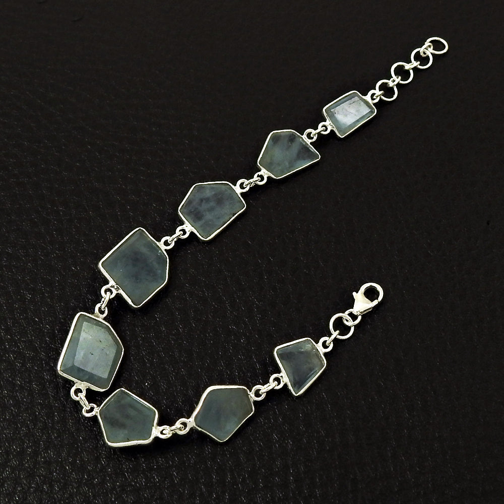 Aquamarine Stone 925 Solid Silver Birthday Chain Mother Unique Bracelet Jewelry