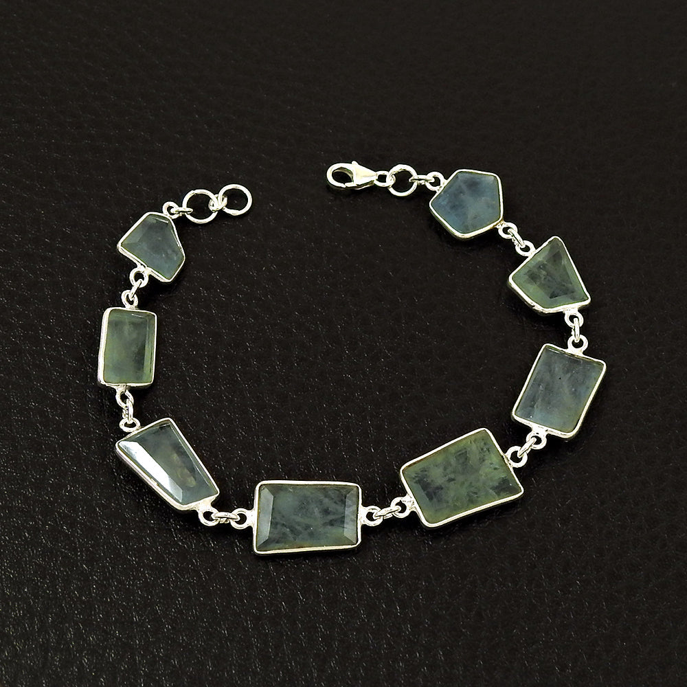 Cushion Aquamarine Gemstone Solid Silver Chain New Elegant Wife Bracelet Jewelry