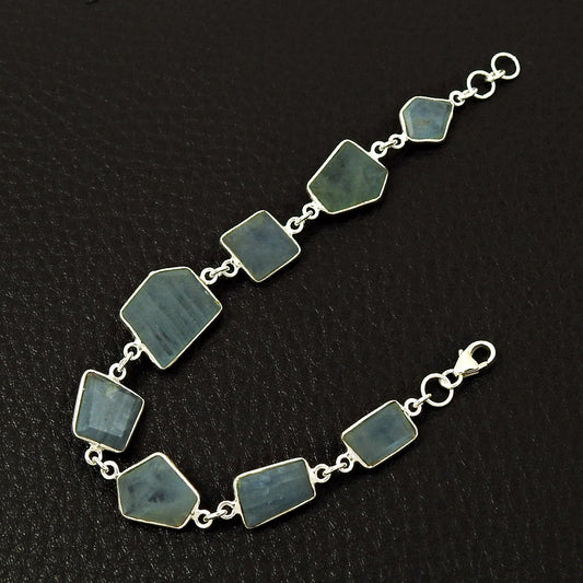Cushion Aquamarine Gemstone March Chain Elegant Boho Bracelet Jewelry 925 Silver