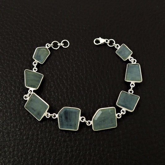 Aquamarine Gemstone Birthday Bezel Chain Ethnic Bracelet Jewelry Solid Silver