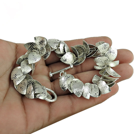 Solid 925 Sterling Silver Hammered Leaves Trendy Bracelet