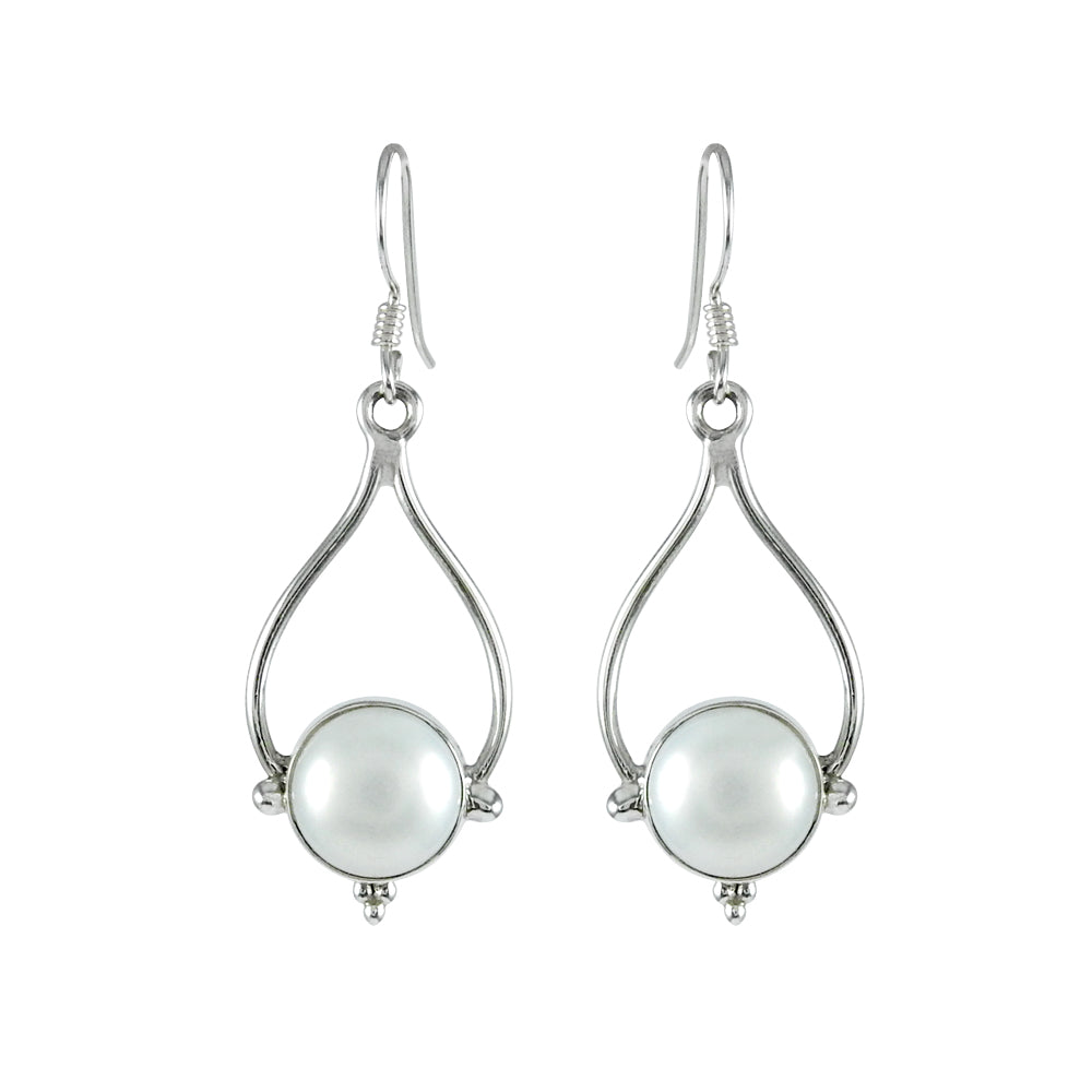 Round Pearl 925 Solid Silver Dangle June Engagement Vintage Earrings