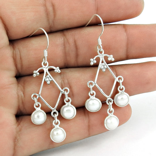 Round Pearl 925 Solid Silver June Boho Hook Wife Dangle Drop Earrings