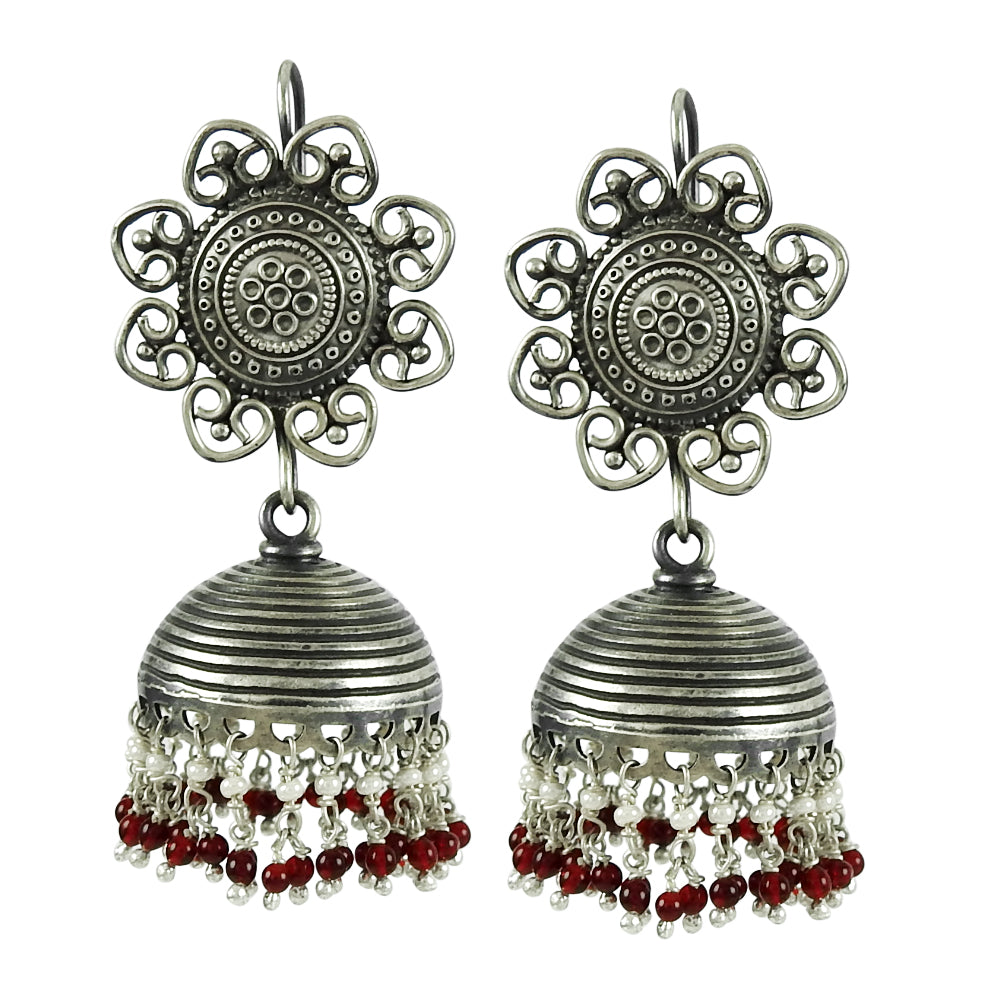 Solid 925 Silver Jhumki Garnet Pearl Earrings Indian Jewelry