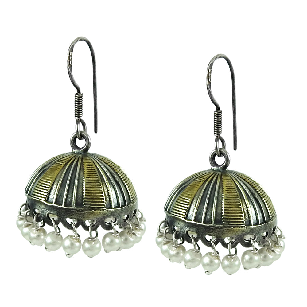 Round Natural Pearl 925 Solid Silver Bezel Jhumki Dangle June Sister Earrings