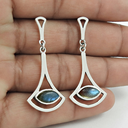 Natural Labradorite Gemstone Drop Dangle Bohemian Blue Earrings 925 Silver T63