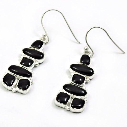 Wedding Gift For Her 925 Silver Natural Black Onyx Drop Dangle Inukshuk Earrings R63