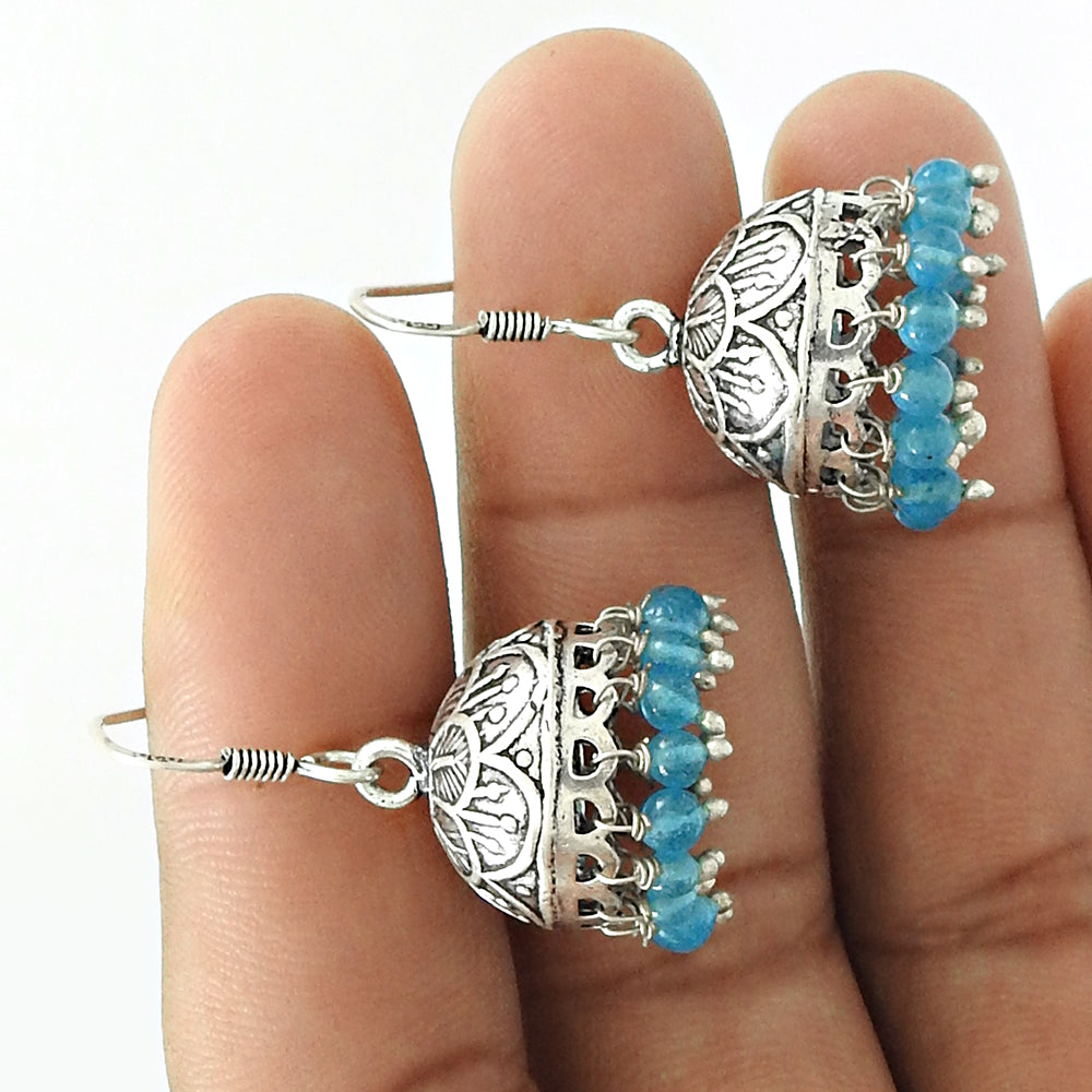 Woman Gift 925 Silver Natural Blue Topaz Gemstone Dangle Jhumki Earrings P3