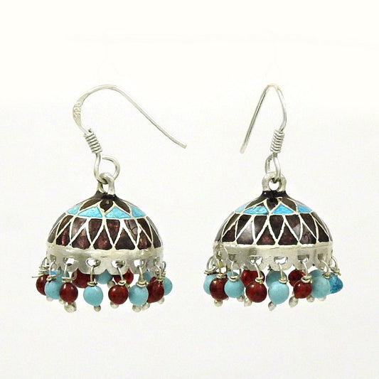 925 Silver Natural Garnet Turquoise Blue Topaz Enamel Jhumki Earrings For Her