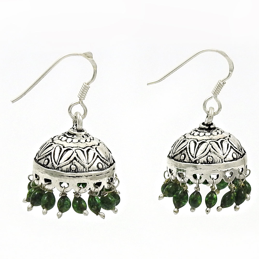 Indian Jhumki 925 Sterling Silver Natural Green Jade Earrings