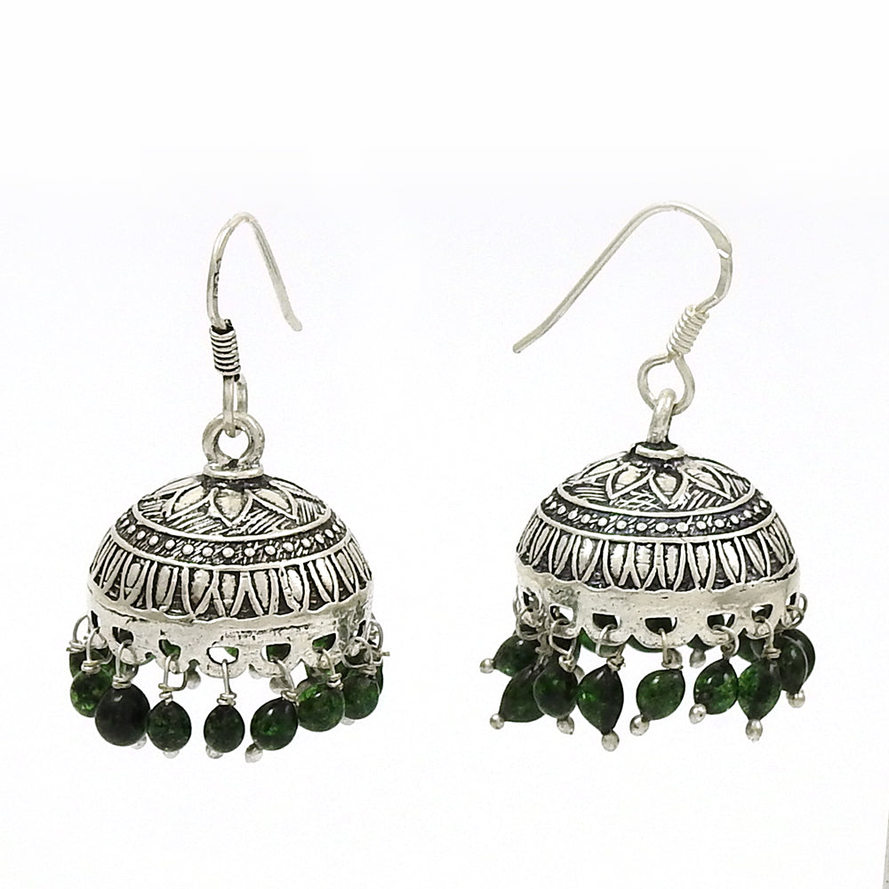 Solid 925 Silver Natural Green Jade Earrings Indian Jhumki