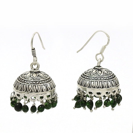 Solid 925 Silver Natural Green Jade Earrings Indian Jhumki
