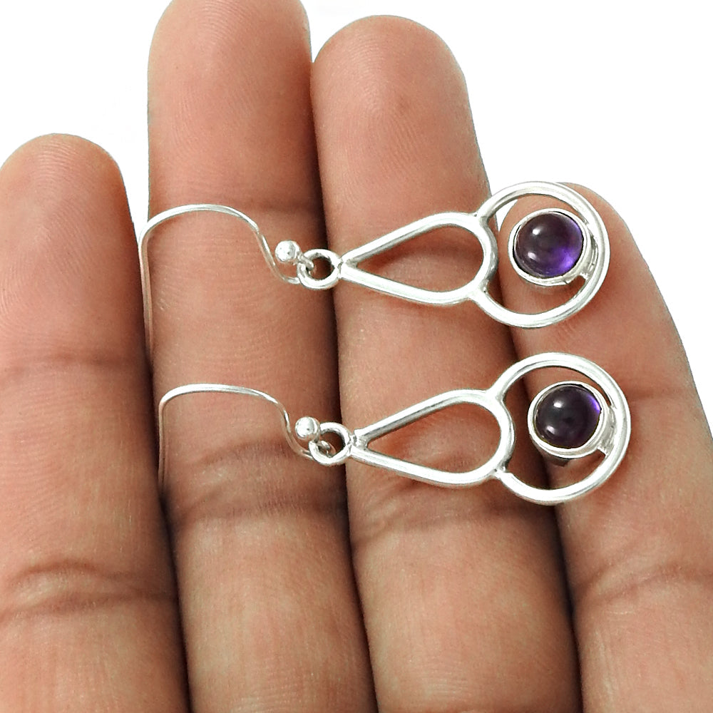 Sterling Silver Round Natural Amethyst Dangle Boho Wedding Handcrafted Earrings