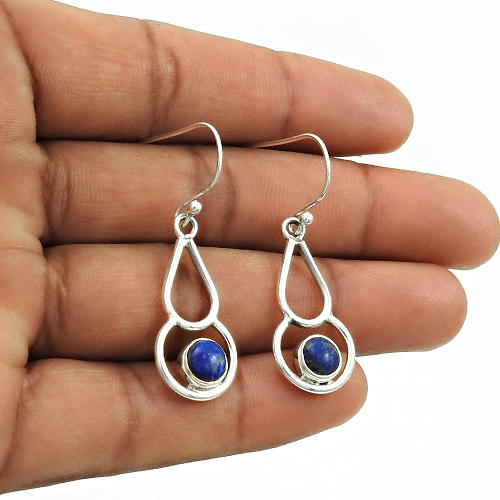 Natural Lapis Lazuli Gemstone Drop Dangle Tribal Blue Earrings 925 Silver G55