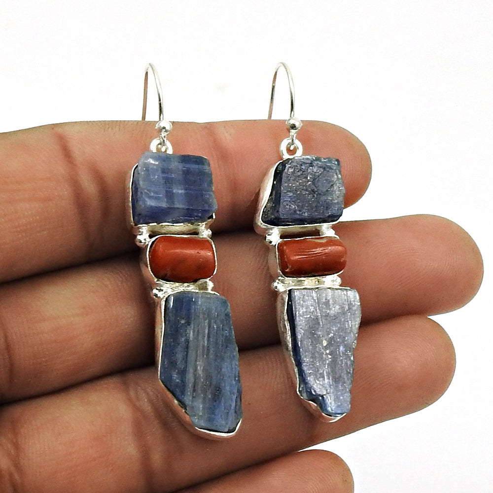 Woman Gift Natural Kyanite Drop Dangle Rough Stone Earrings 925 Silver B5