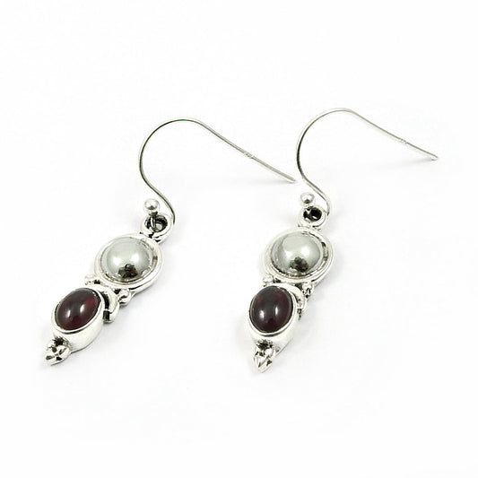 Oval Natural Garnet Dangle Drop Bezel Tribal Hook Earrings 925 Sterling Silver