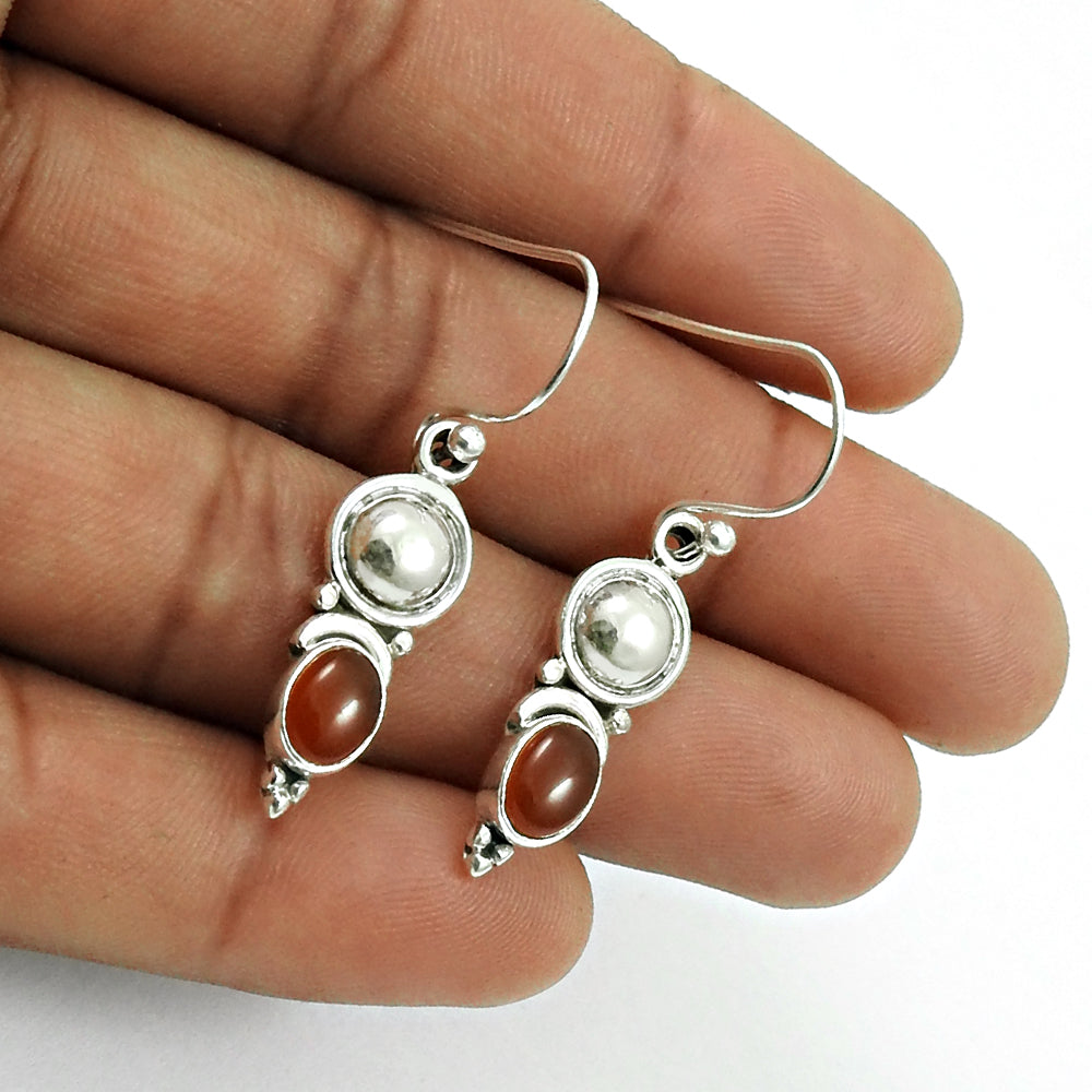 Carnelian Gemstone Bezel Dangle Hook Sister Vintage Earrings 925 Solid Silver