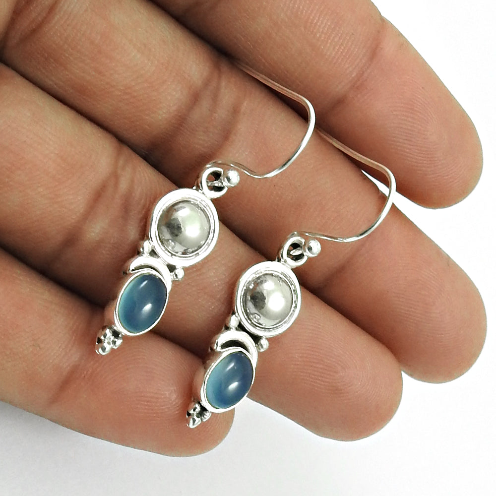 Chalcedony Gemstone 925 Silver Hook Artisan Birthday Drop Ethnic Bezel Earrings