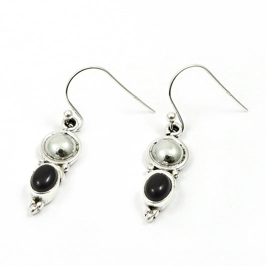 Oval Natural Black Onyx 925 Solid Silver Bezel Hook Dangle Drop Tribal August Earrings