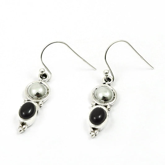 Oval Natural Black Onyx 925 Solid Silver Bezel Hook Dangle Drop Tribal August Earrings