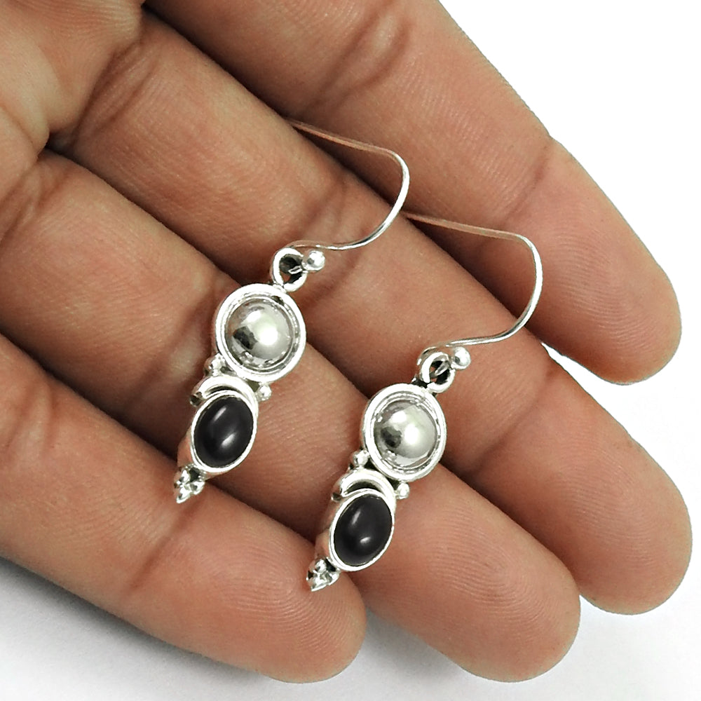 Oval Natural Black Onyx 925 Solid Silver Bezel Hook Dangle Drop Tribal August Earrings
