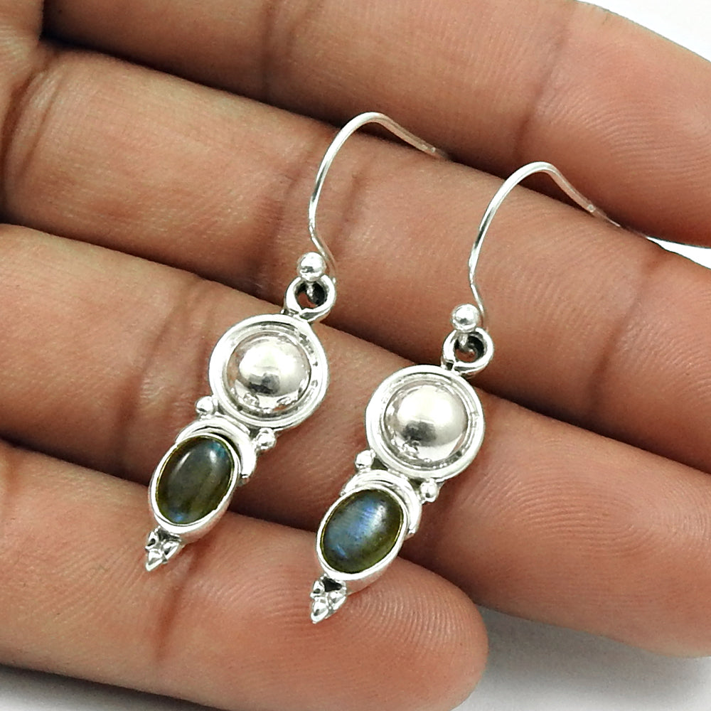 Woman Gift 925 Silver Natural Labradorite Drop Dangle Ethnic Earrings E10