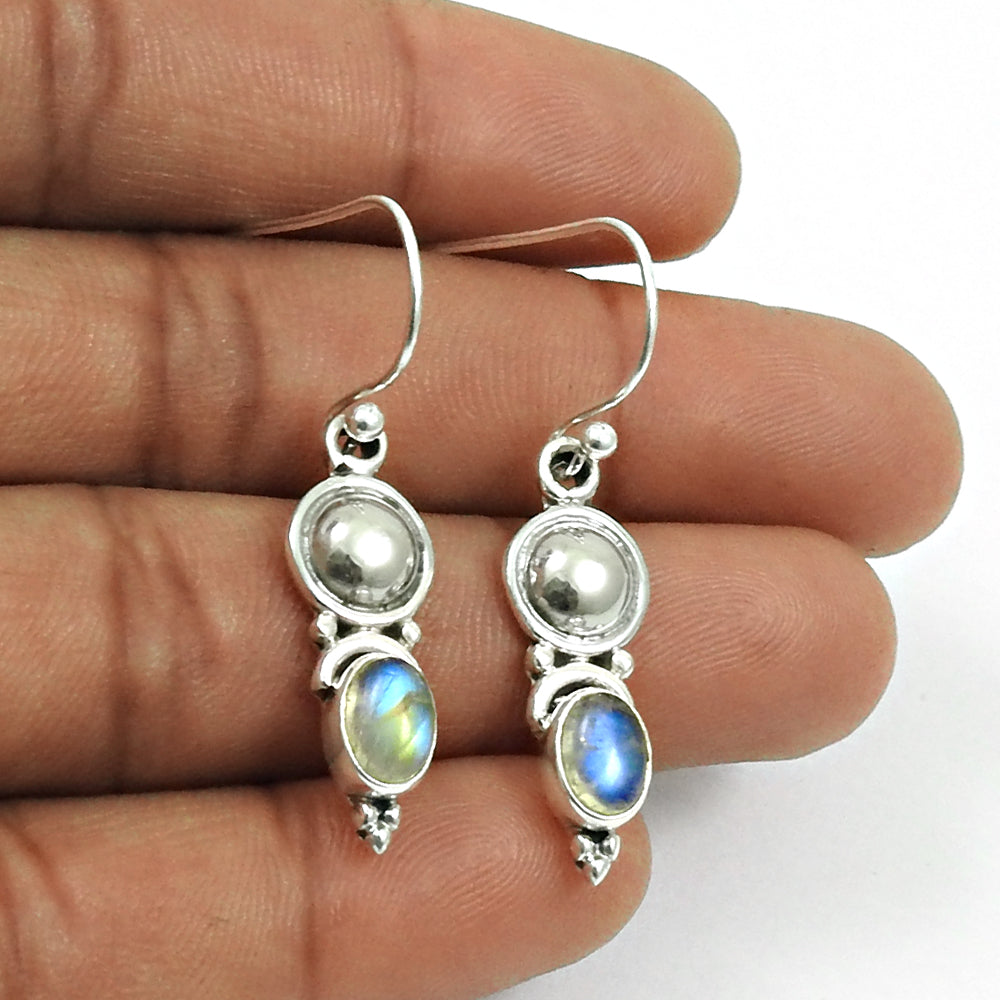 Natural Rainbow Moonstone Drop Dangle Bohemian Earrings 925 Silver For Girls E5